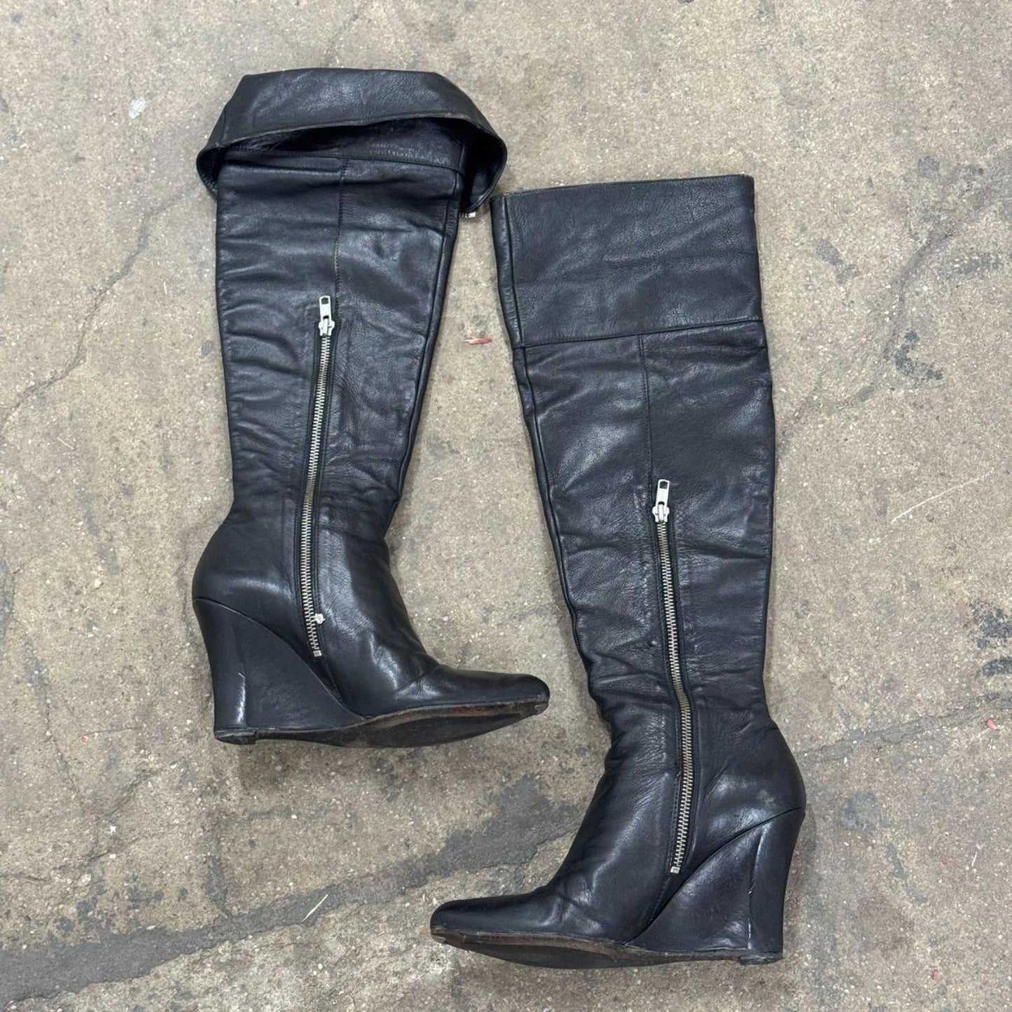 Vintage Sinela Black Leather Wedge Knee High Foldover Pirate Boots - Sz 37 / 7