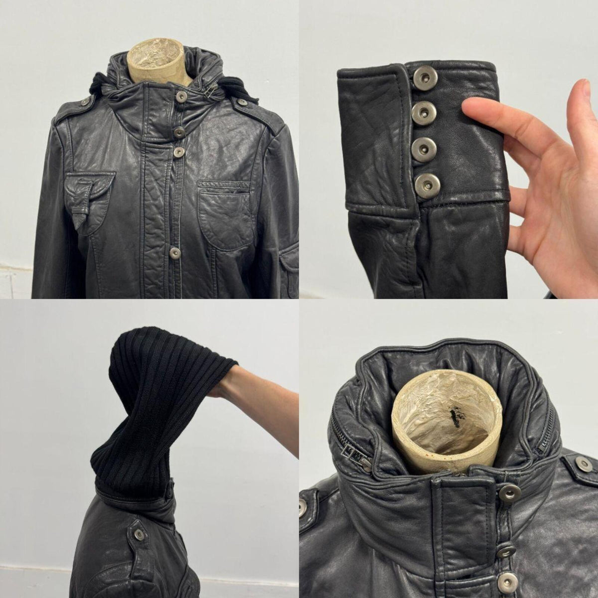 Vintage Black Utility Cargo Zip-Out Convertible Hood Parka Leather Jacket