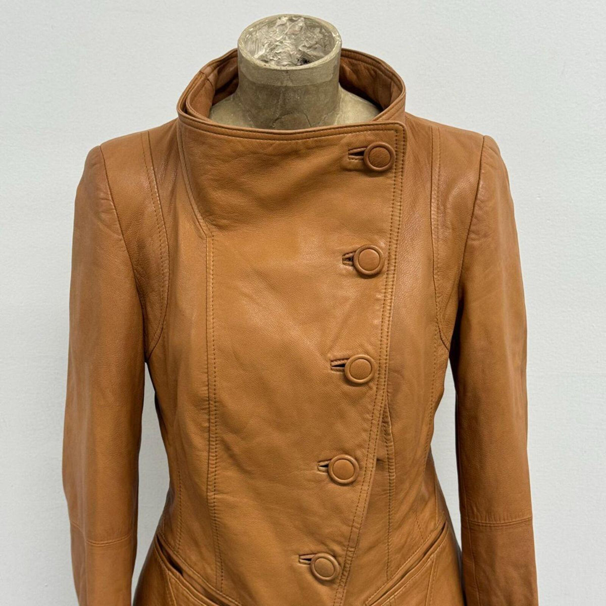 Vintage Tan Funnel Neck Asymmetric Avant Garde Military Leather Jacket