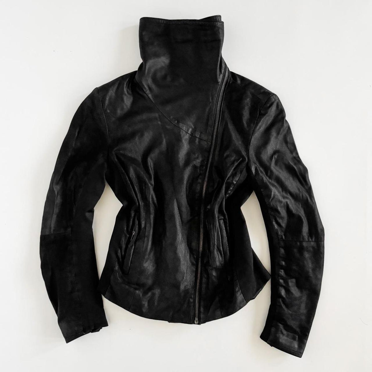Vintage Asymmetric Avant Garde Cowl Neck Leather Moto Jacket