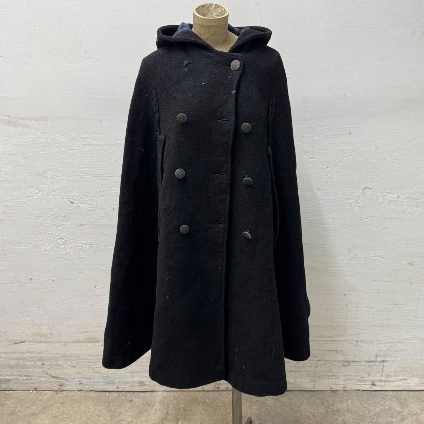Vtg 60s Saks Fifth Ave Wool Cape Made in England Double Breasted Soutache Trim