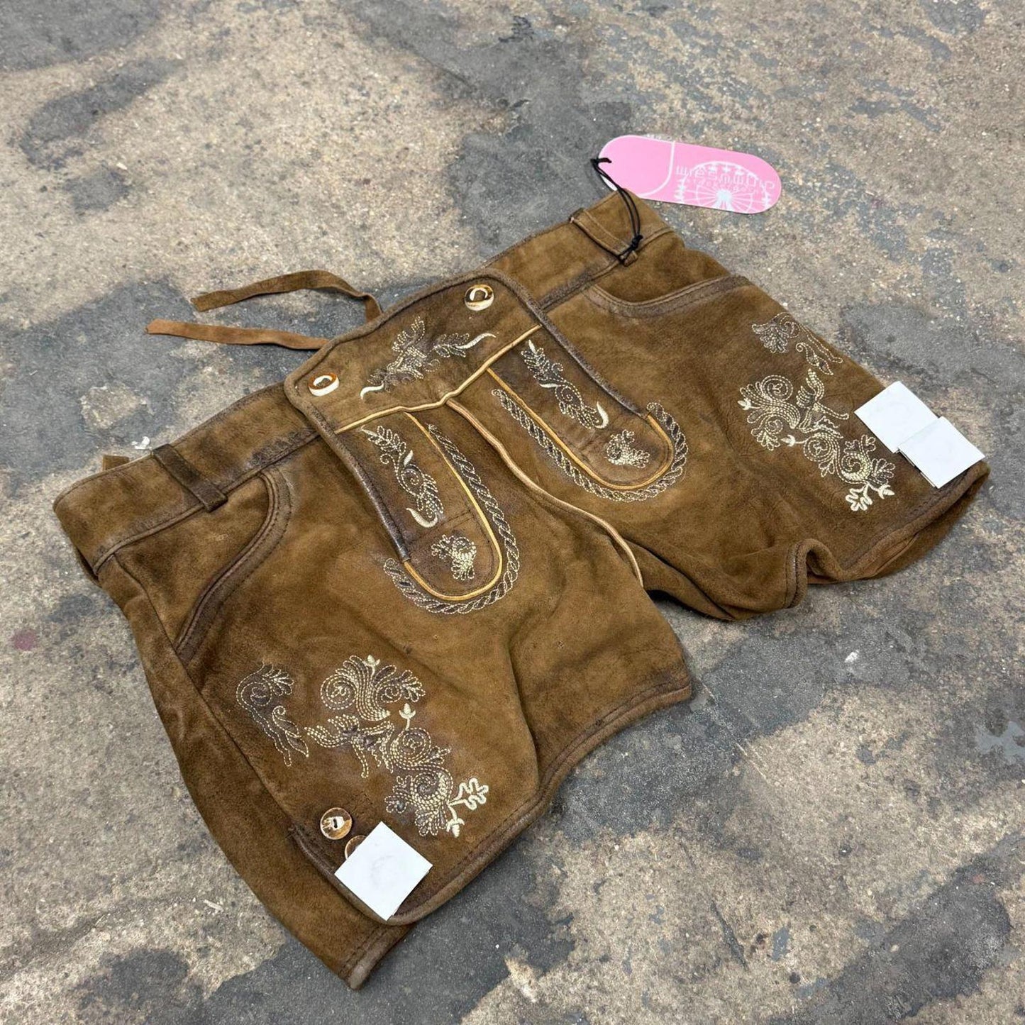NWT Vintage Embroidered Brown Leather Women's Lederhosen Shorts