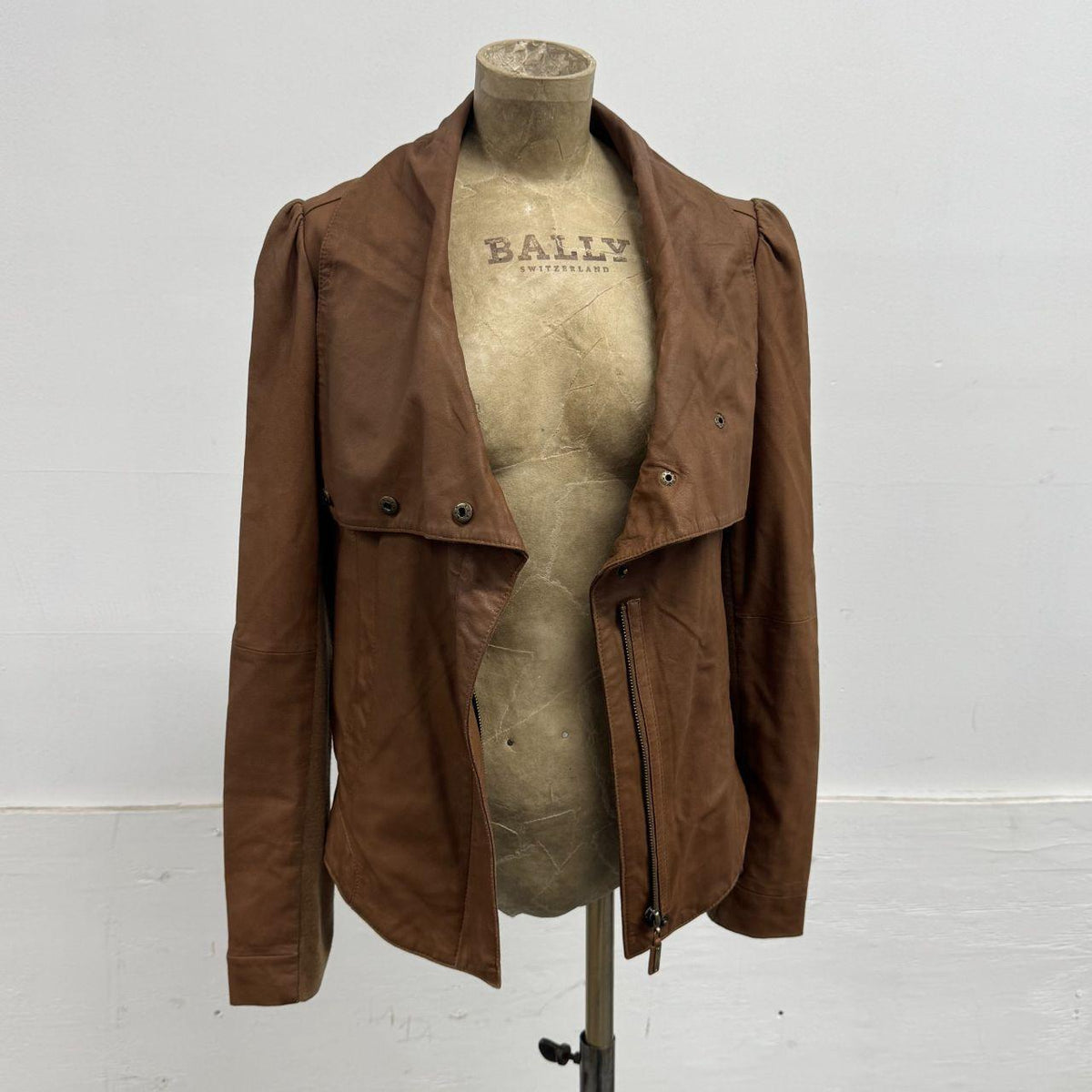 Vintage Tan Funnel Neck Asymmetric Avant Garde Leather Jacket