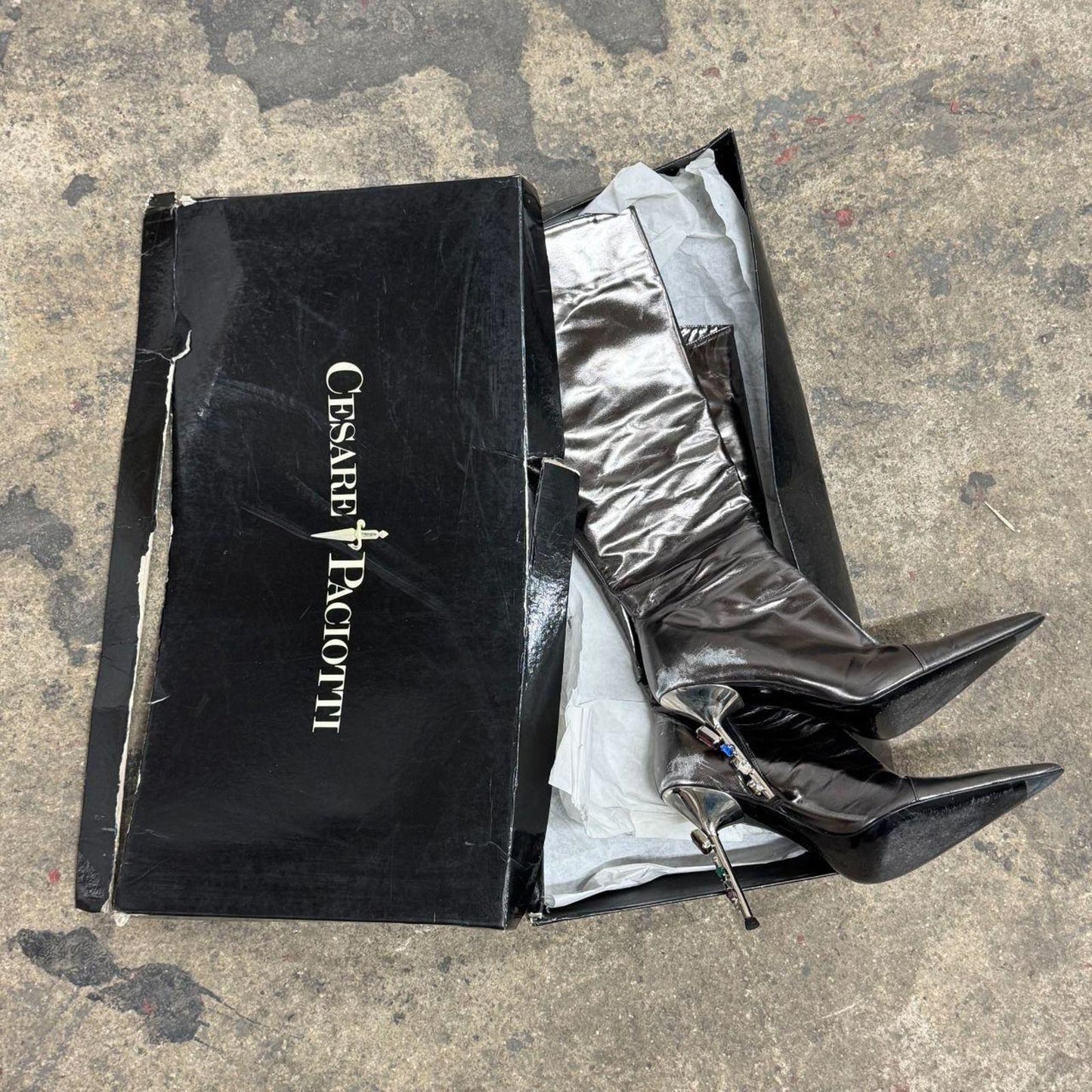 Y2K Vintage Archival Cesare Paciotti Jeweled Silver Metallic Stiletto Boots