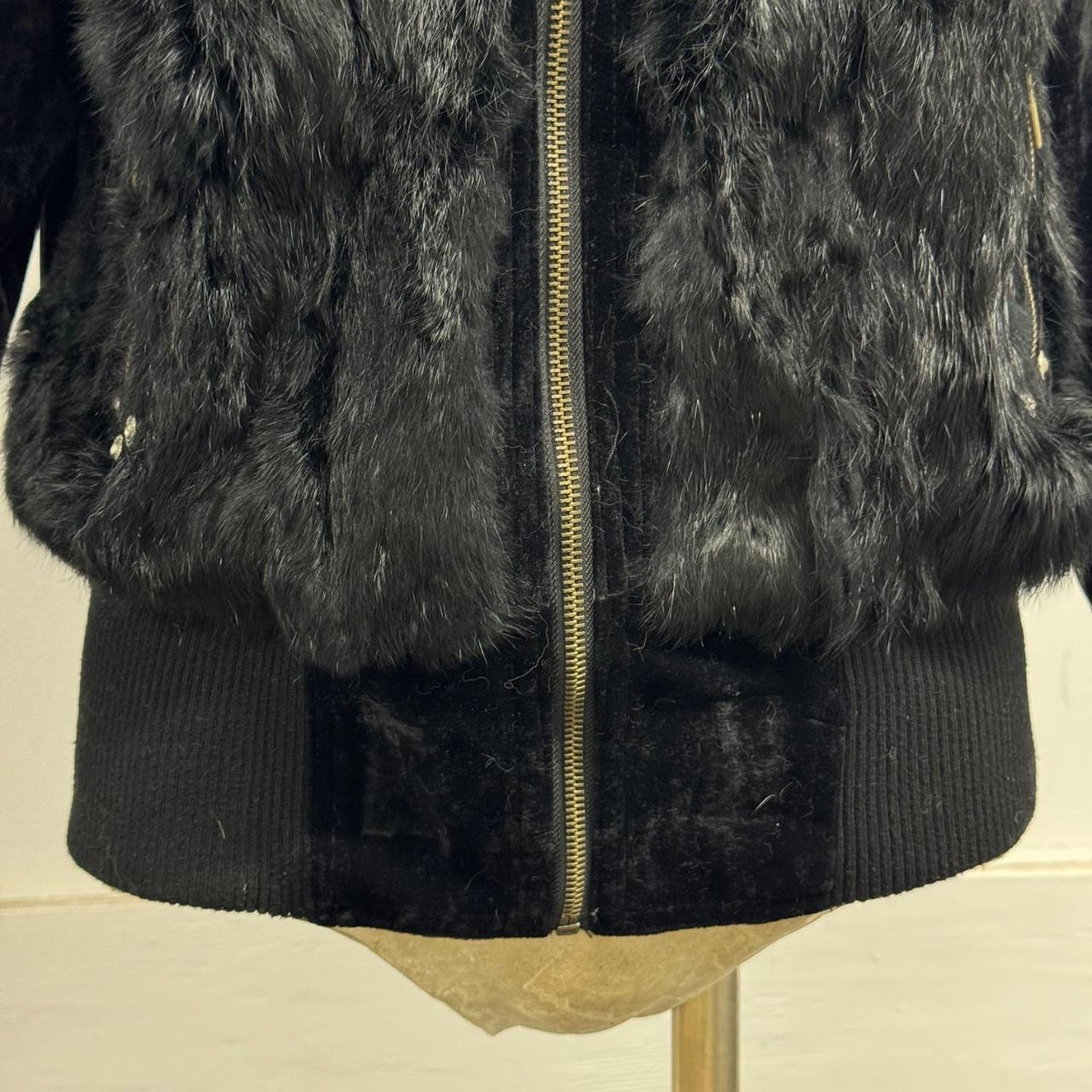 Vintage Y2K Black Plush Rabbit Fur & Velvet Zip-Up Bomber Jacket