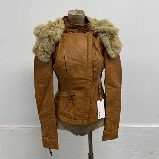 Vintage Tan Rabbit Fur Split Hood Multi-wear Asymmetrical Leather Jacket