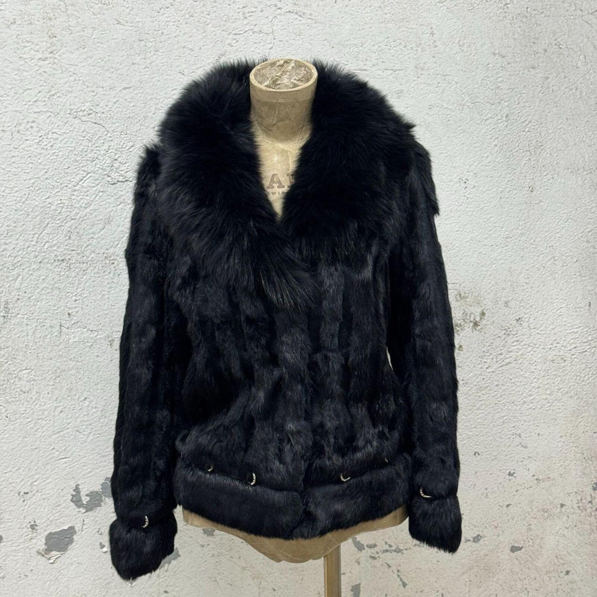 Vintage Y2K "Pierced" Black Rabbit & Fox Fur Bomber
