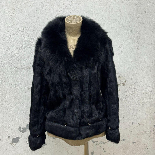 Vintage Y2K "Pierced" Black Rabbit & Fox Fur Bomber