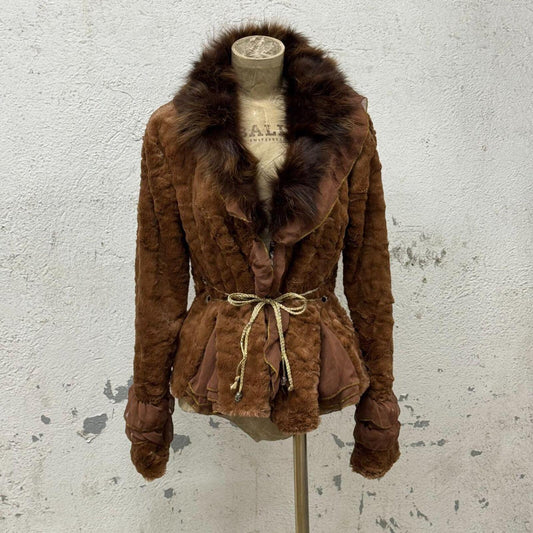 Vintage Brown Rabbit Fur Jacket with Chiffon Panels & Fox Collar Coat