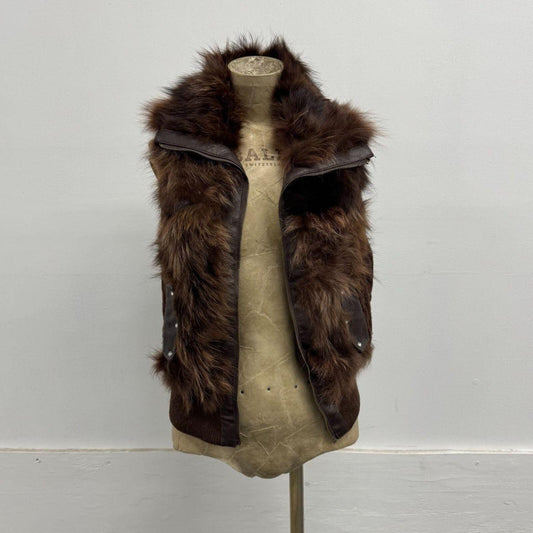 Vintage Y2K Chocolate Fox Fur & Leather Cable Knit Vest