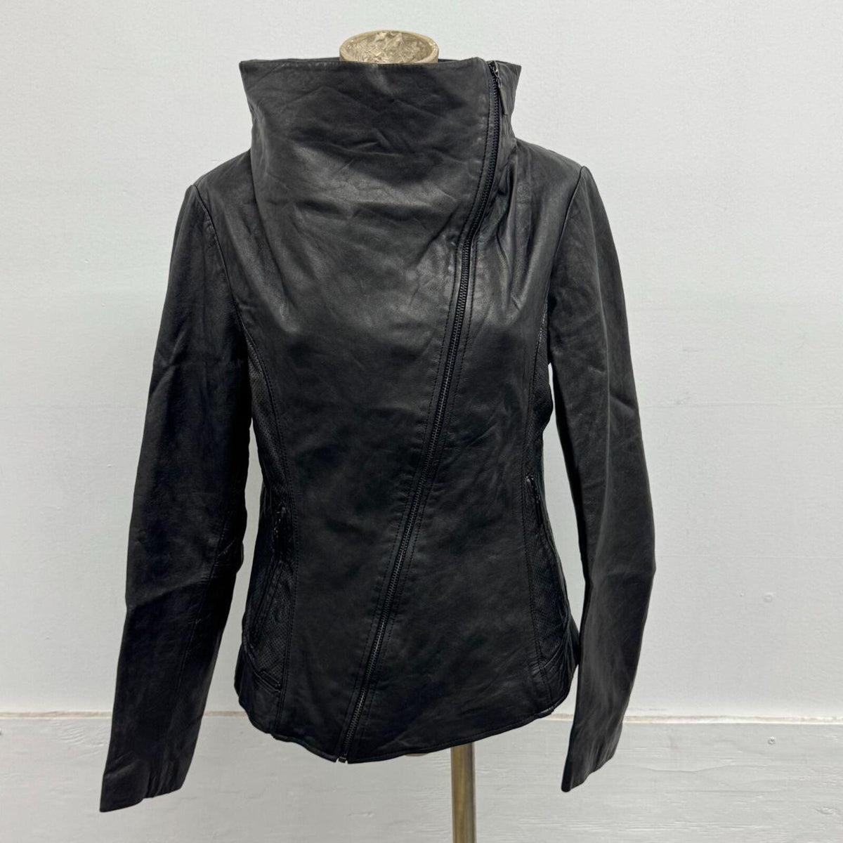 Vintage Black Funnel Neck Asymmetric Avant Garde Leather Jacket