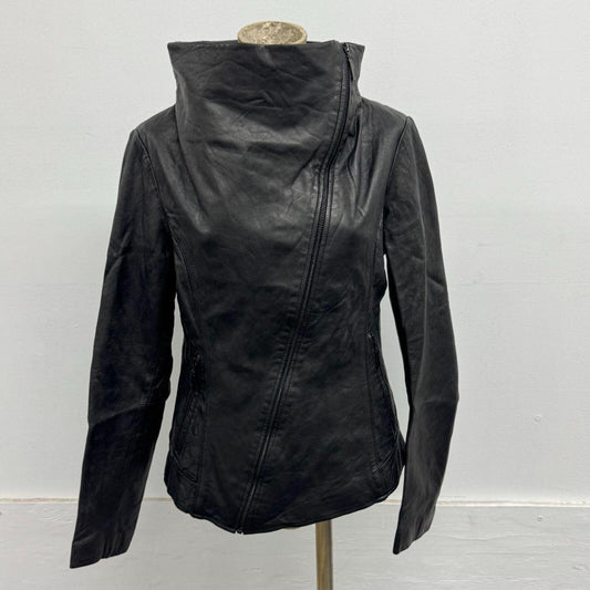 Vintage Black Funnel Neck Asymmetric Avant Garde Leather Jacket