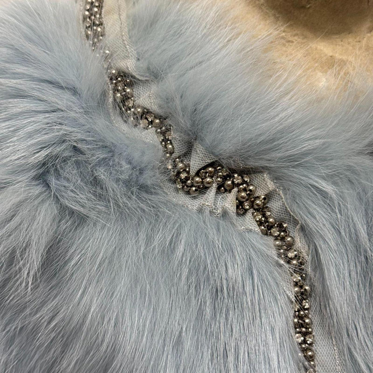 Vintage Y2K Beaded Ice-Blue Fox Fur Cropped Jacket Coat