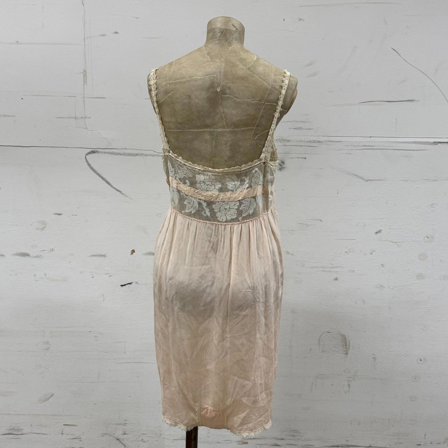 Antique 20s Pink Silk & Filet Lace Step-In Tap Pants Lingerie Teddy Slip Vintage