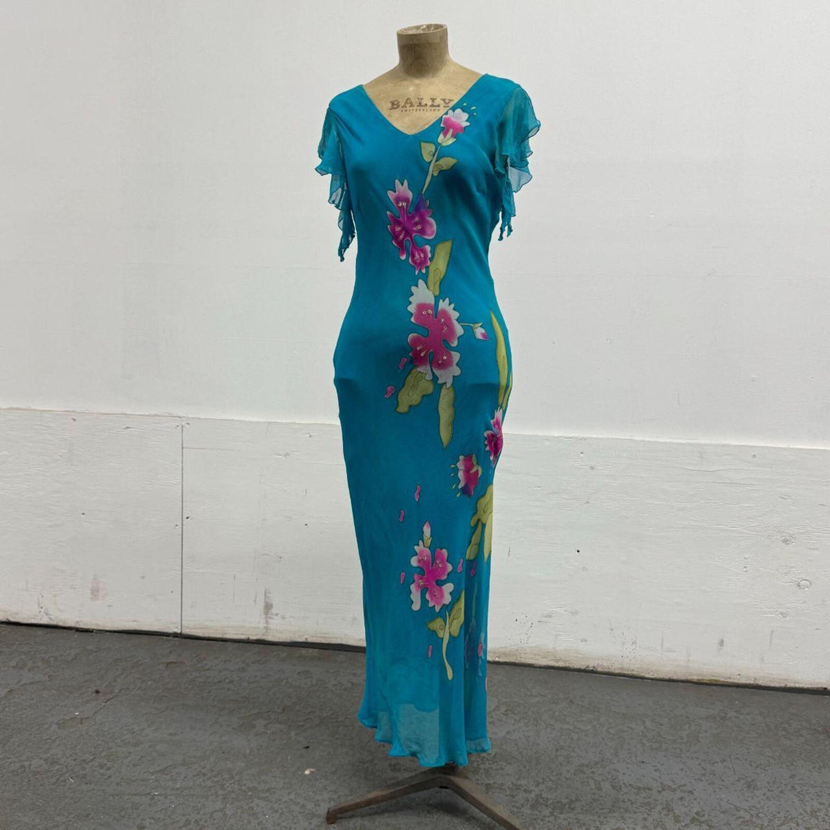 Vintage Y2K Flutter Sleeve Hand-Painted Floral Beaded Silk Maxi Dress