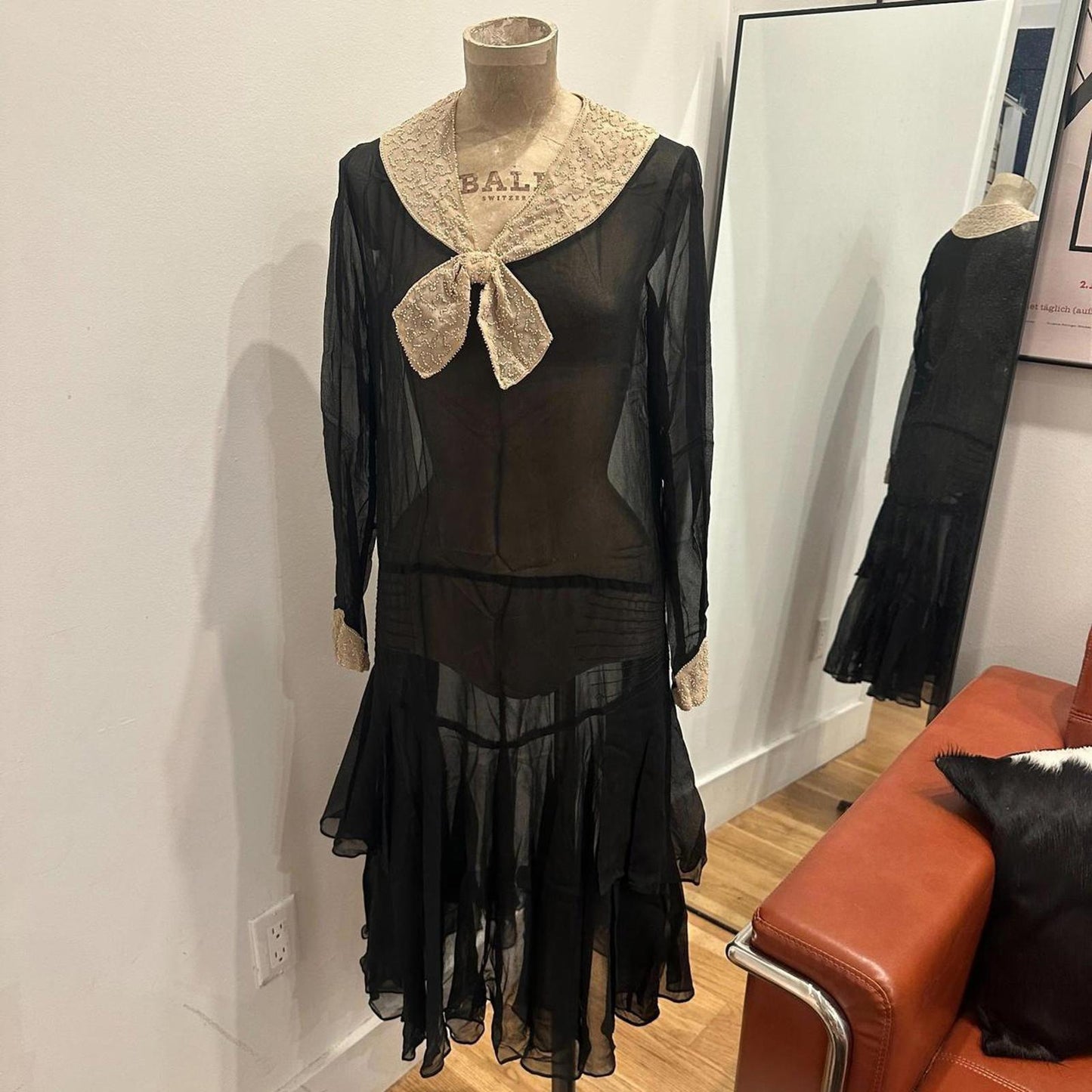 Black Ivory Silk Beaded Sailor Flapper 20s Dress Antique