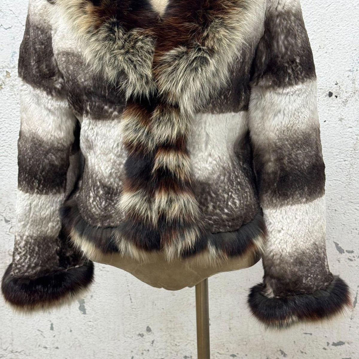 Vintage Y2K Grey Brown Striped Rabbit & Fox Fur Jacket Coat