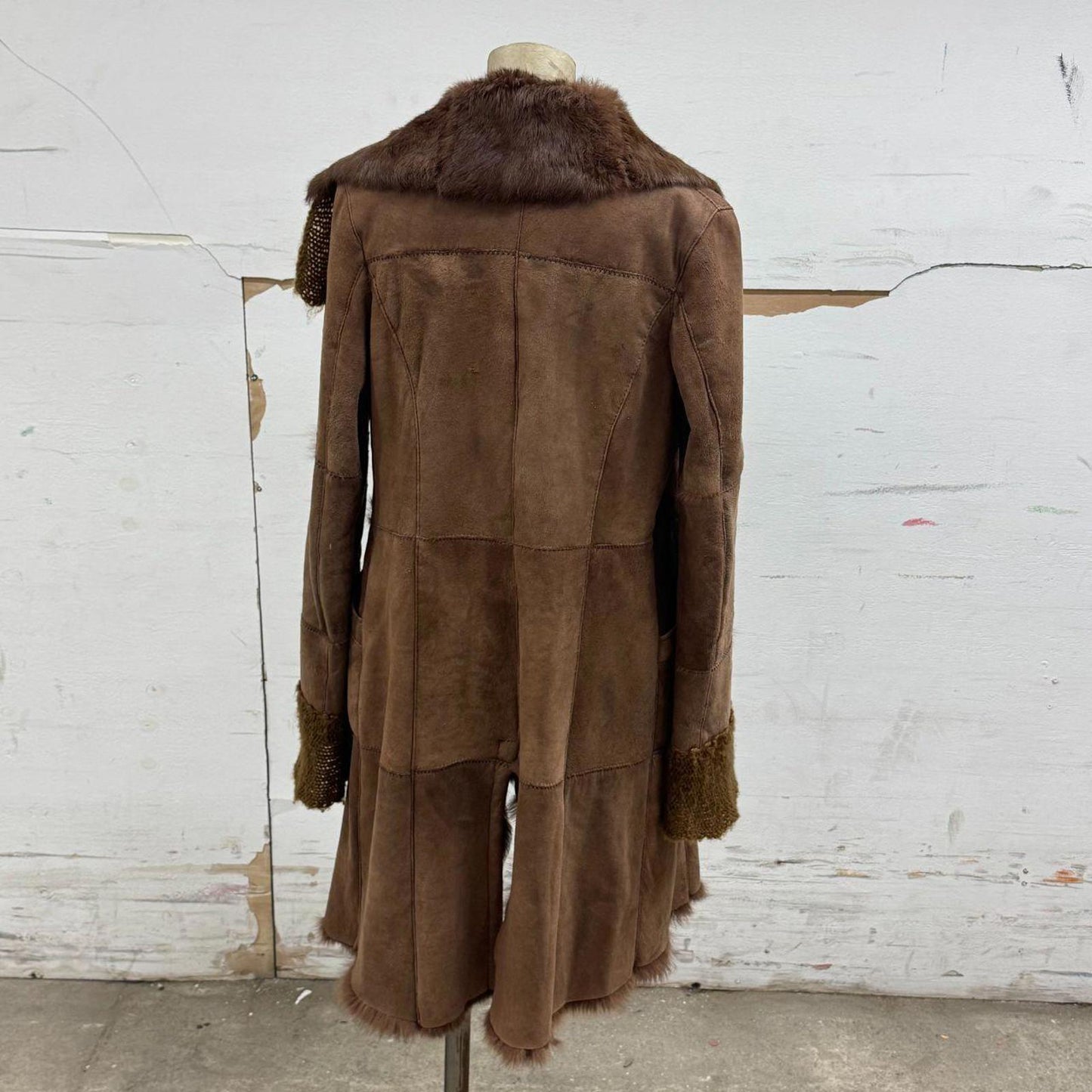 Y2K Vintage Stefanel Genuine Leather Suede & Rabbit Fur Brown Longline Jacket