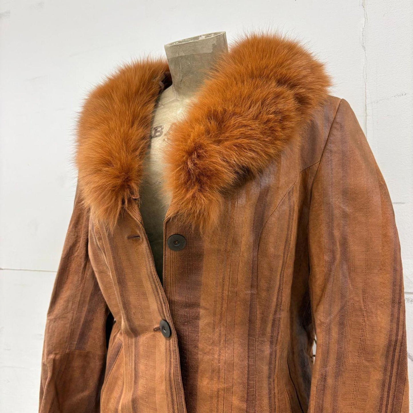 Vintage Y2K Cognac Leather & Fox Fur Statement Coat