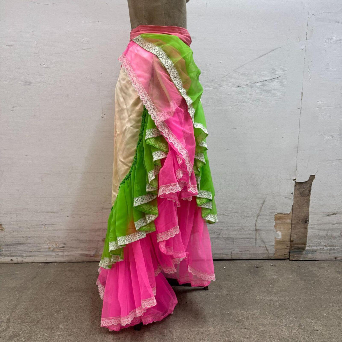 Vintage Broadway Costume 70s Neon Ruffle Maxi Wrap Skirt