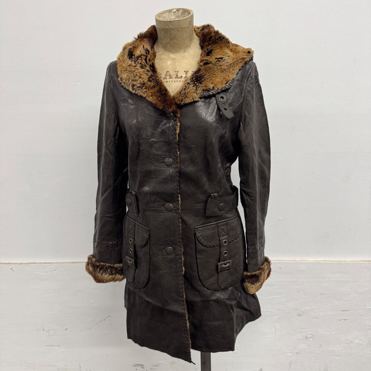Vintage Brown Lambskin Leather Hooded Trench Coat w Rabbit Fur
