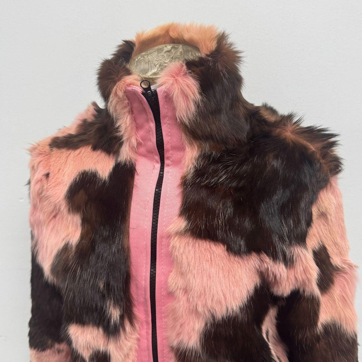 Vintage Y2K Pink Cow Print Rabbit Fur Jacket