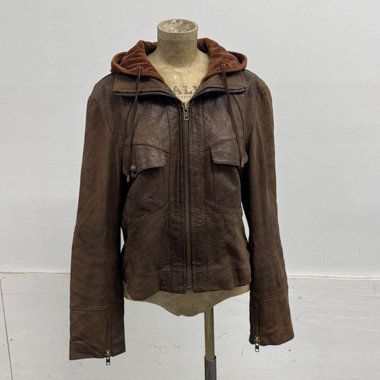 Vintage Brown Layered Hooded Y2K Leather Jacket