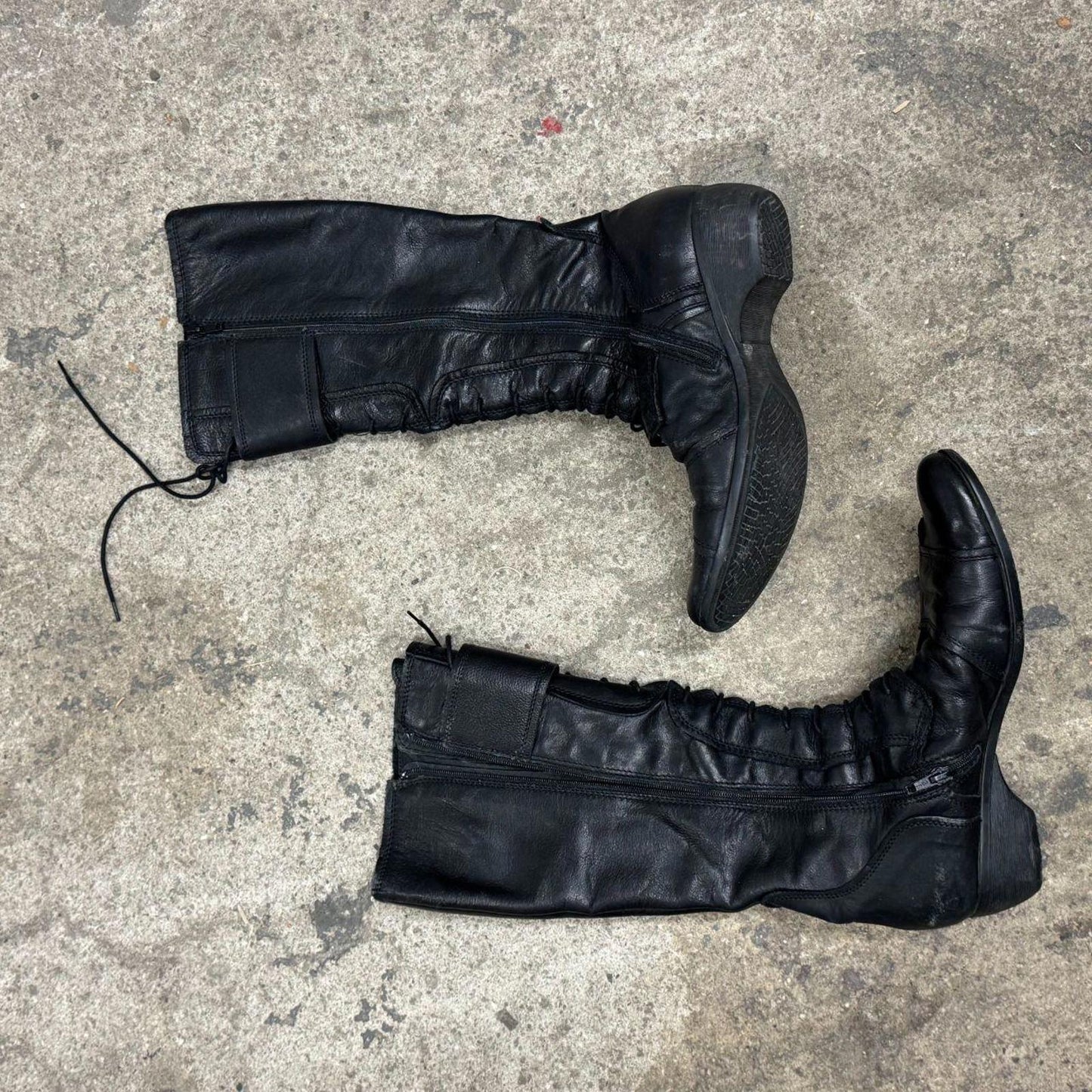 Vintage Luzzi Black Genuine Leather Lace-Up Tall Biker Boots