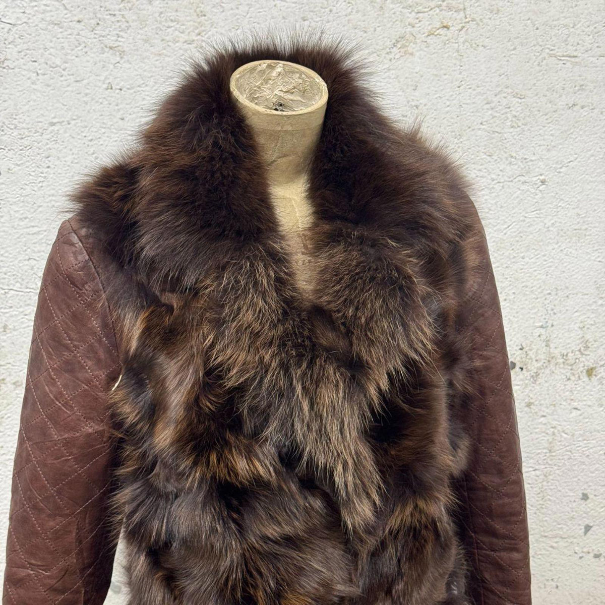 Vintage Brown Y2K Real Quilted Leather & Fox Fur Jacket Coat