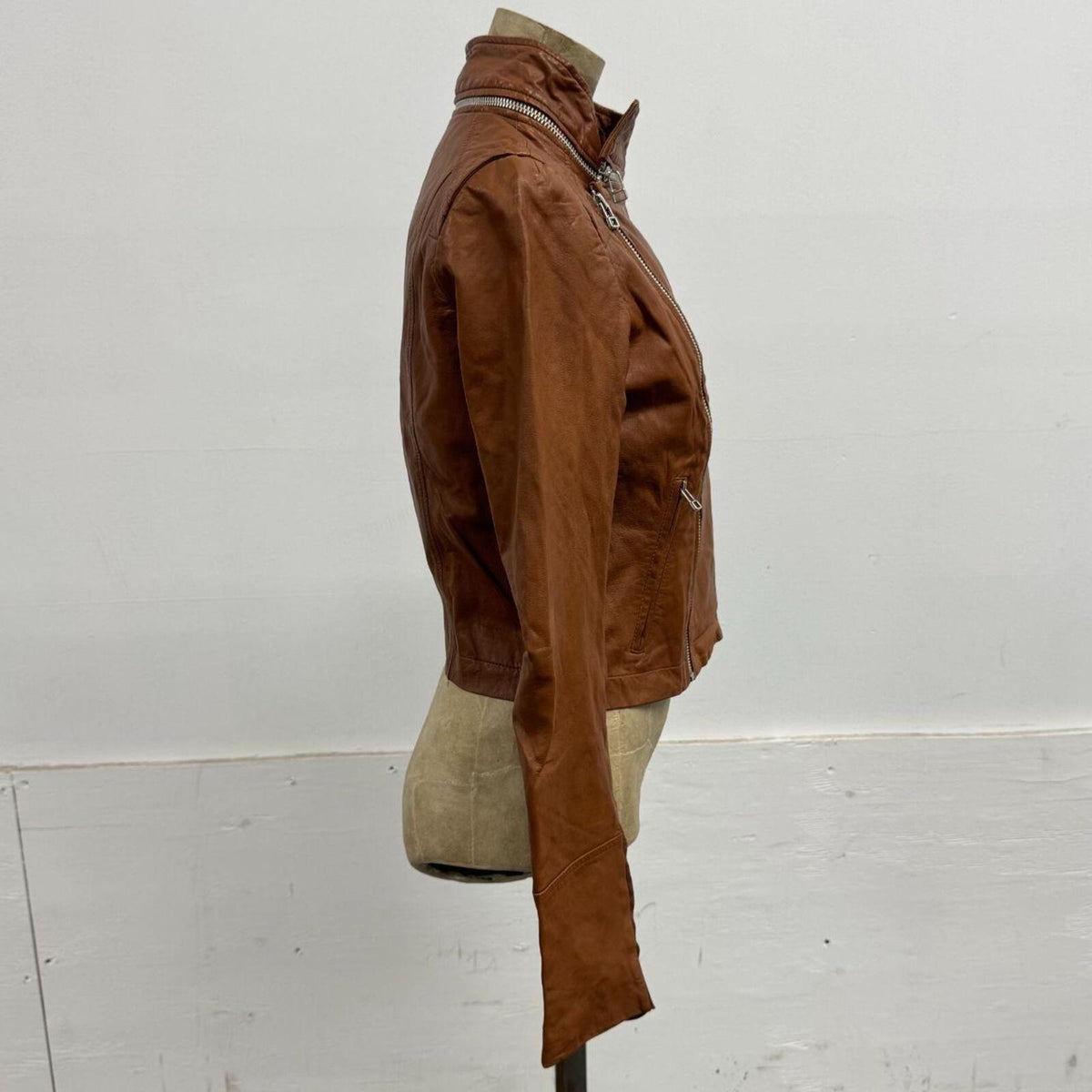 Vintage Tan Brown Funnel Neck Asymmetric Avant Garde Leather Jacket