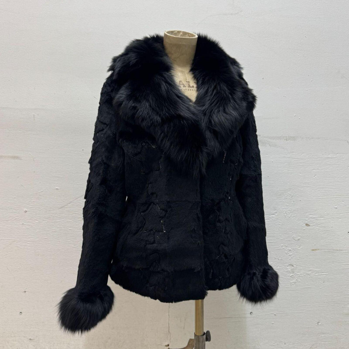 Y2K Vintage Black Rabbit & Fox Fur Jacket Star Sequin Detail Coat