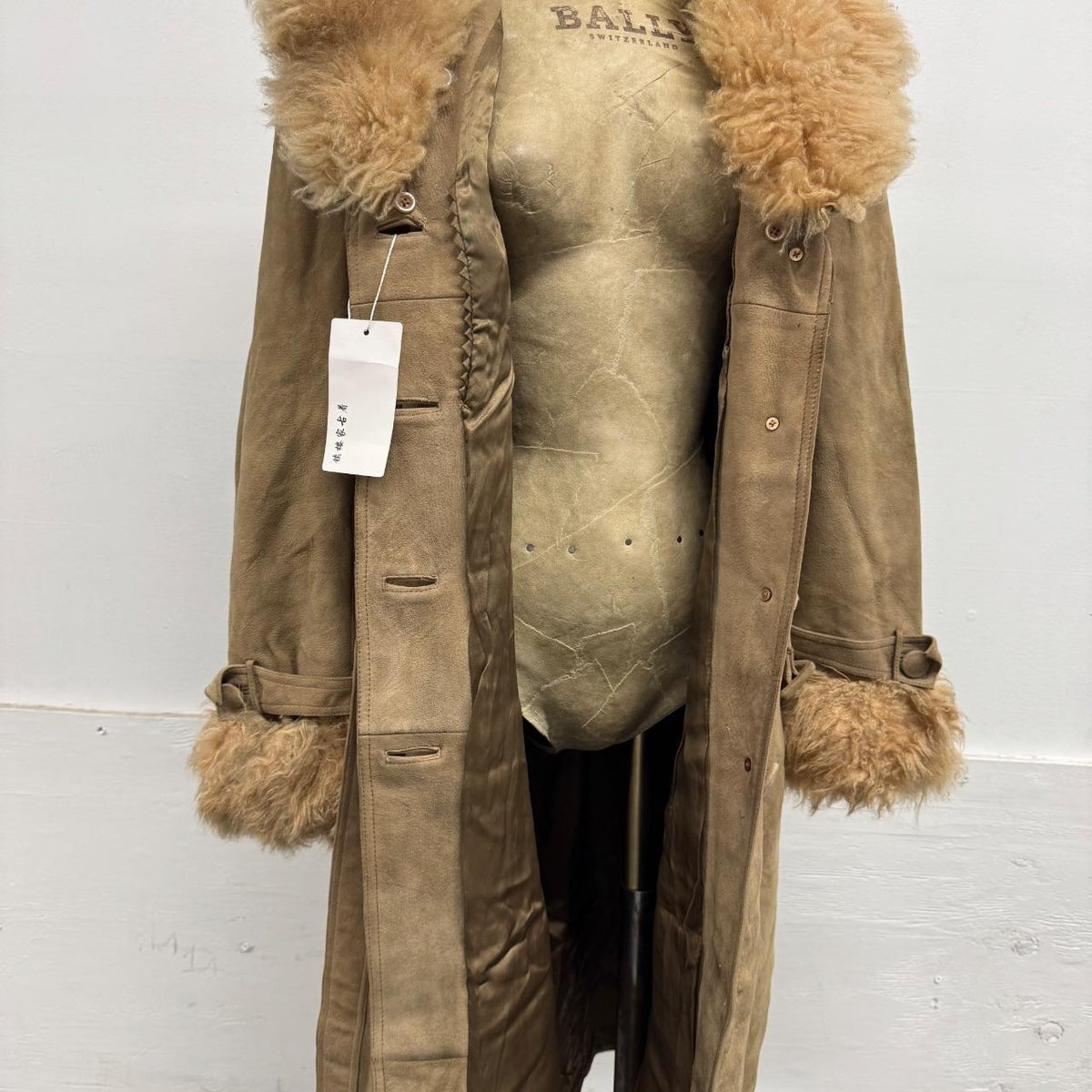 Vintage 1970s Tan Suede Afghan Trench Coat Mongolian Lamb Trim