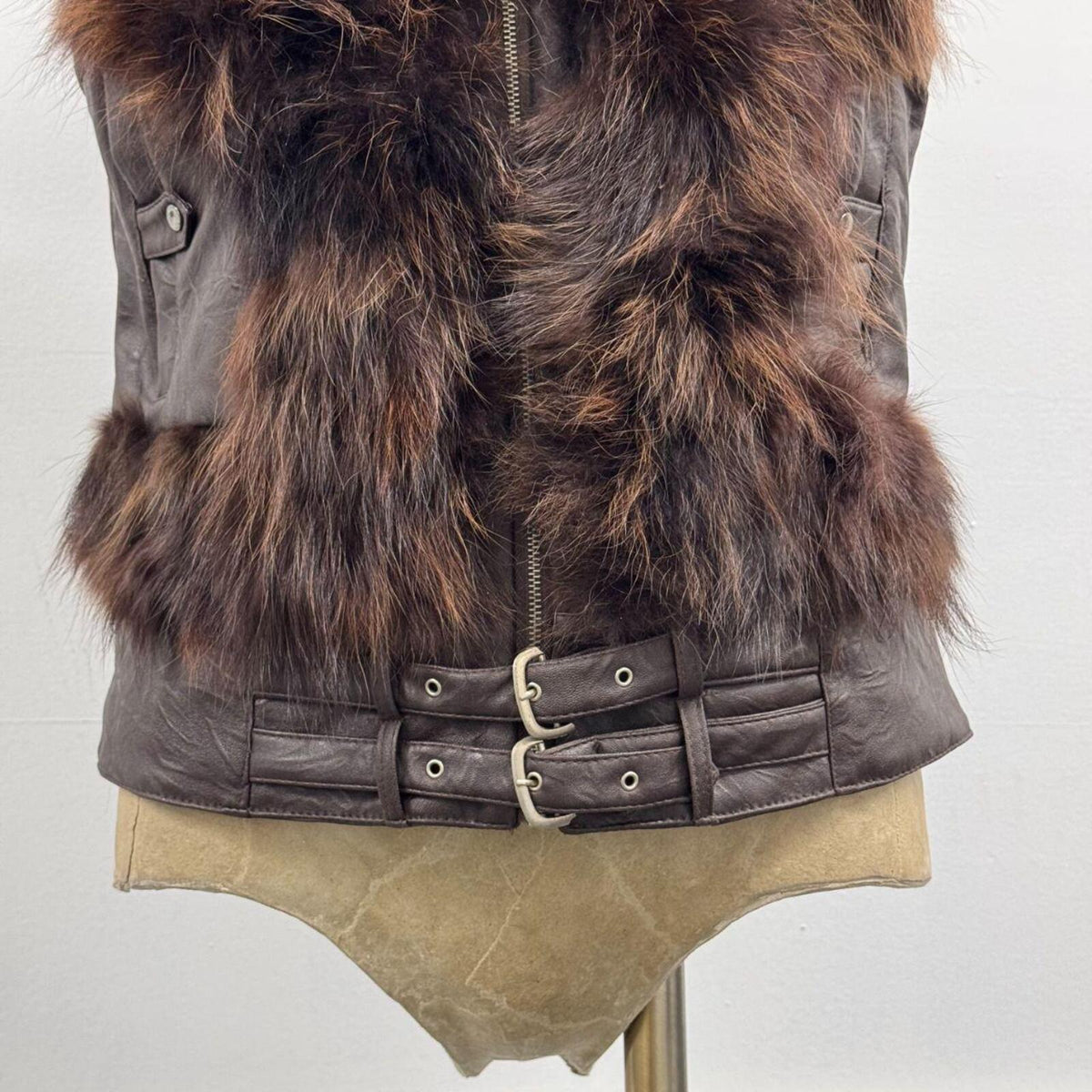 Vintage Y2K Chocolate Leather & Fox Fur Moto Vest