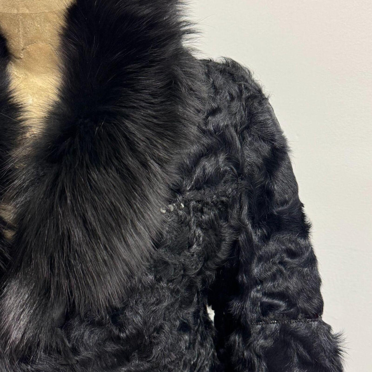 Vintage Black Sheepskin Wool & Fox Fur Coat