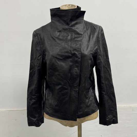 Vintage Black Funnel Neck Asymmetric Avant Garde Leather Jacket