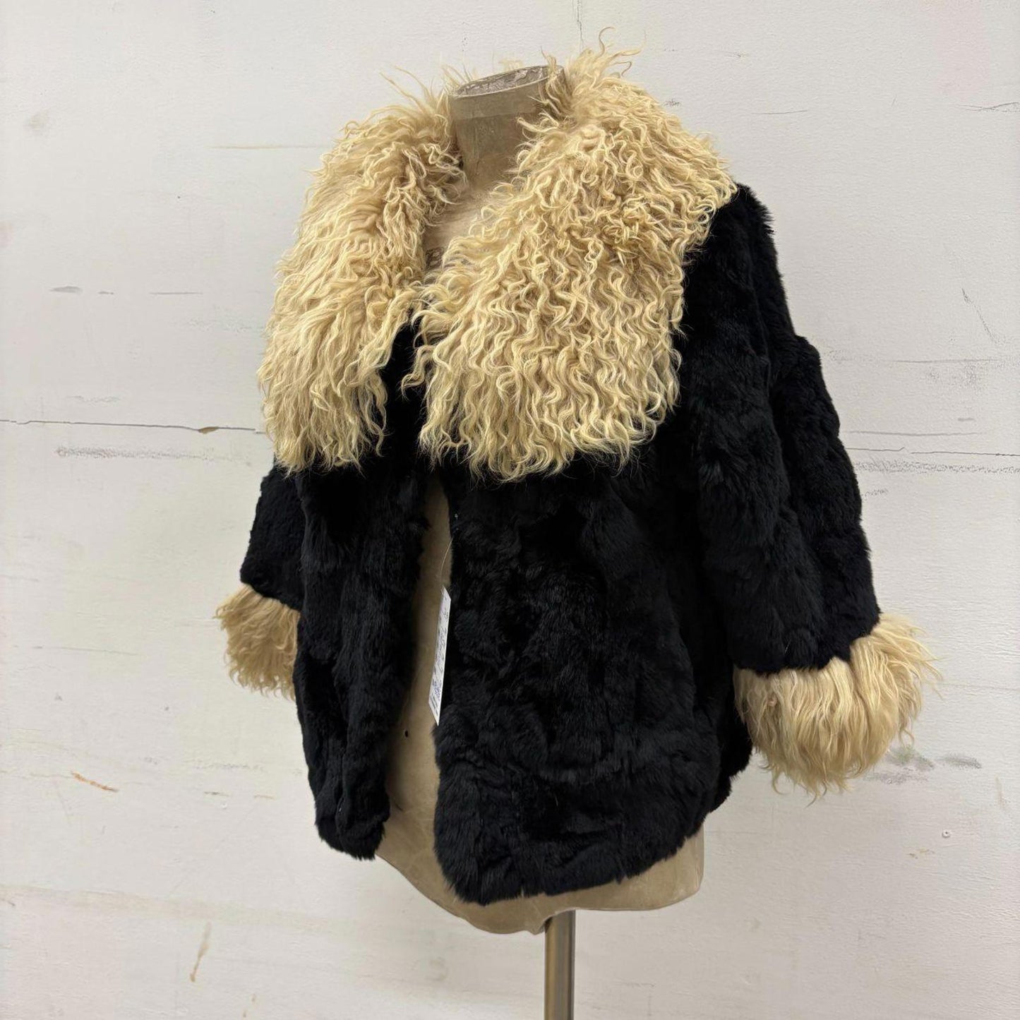 Vintage Y2K Black Real Rabbit Fur Coat Mongolian Lamb Trim