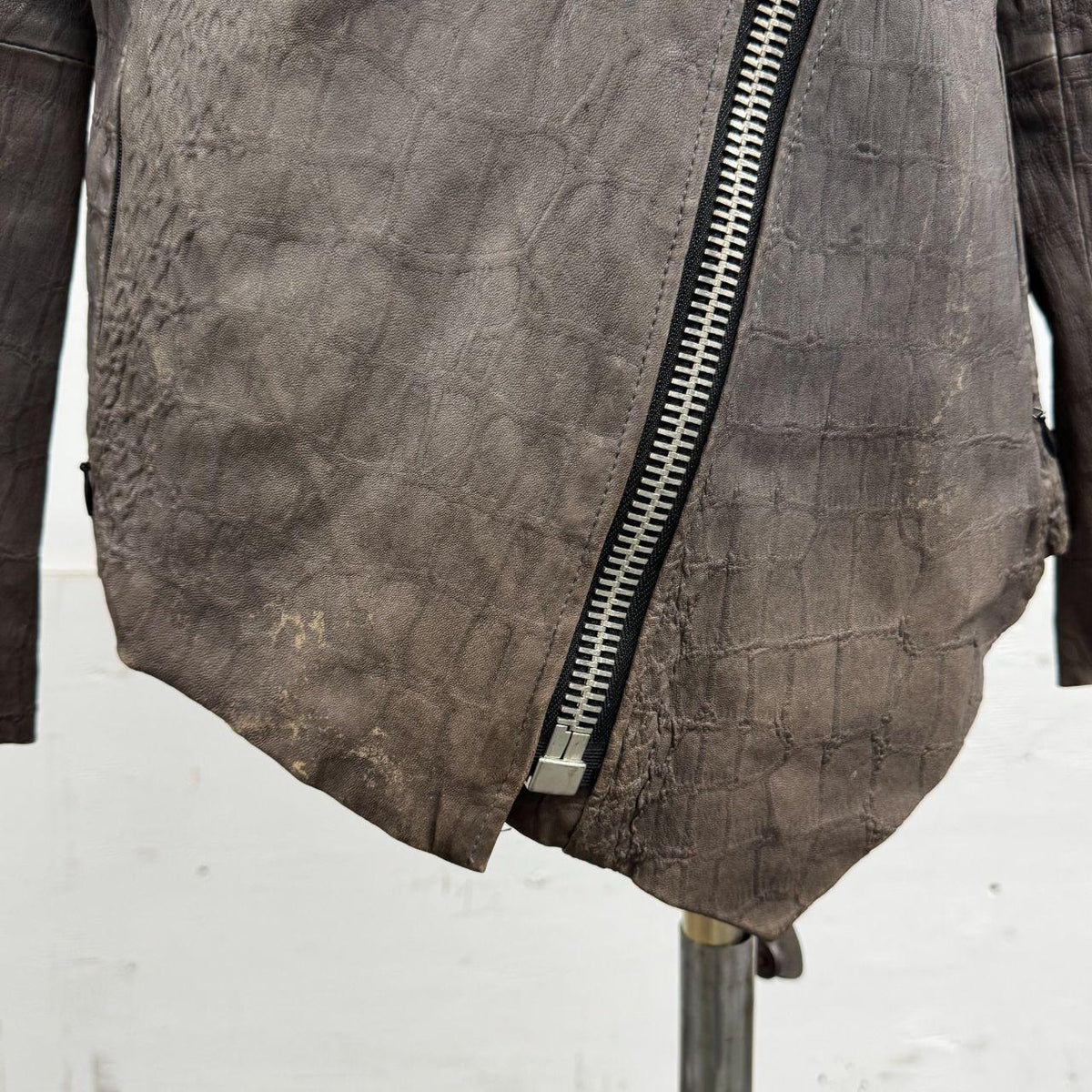 Vintage Grey Draped Embossed Asymmetric Avant Garde Leather Jacket