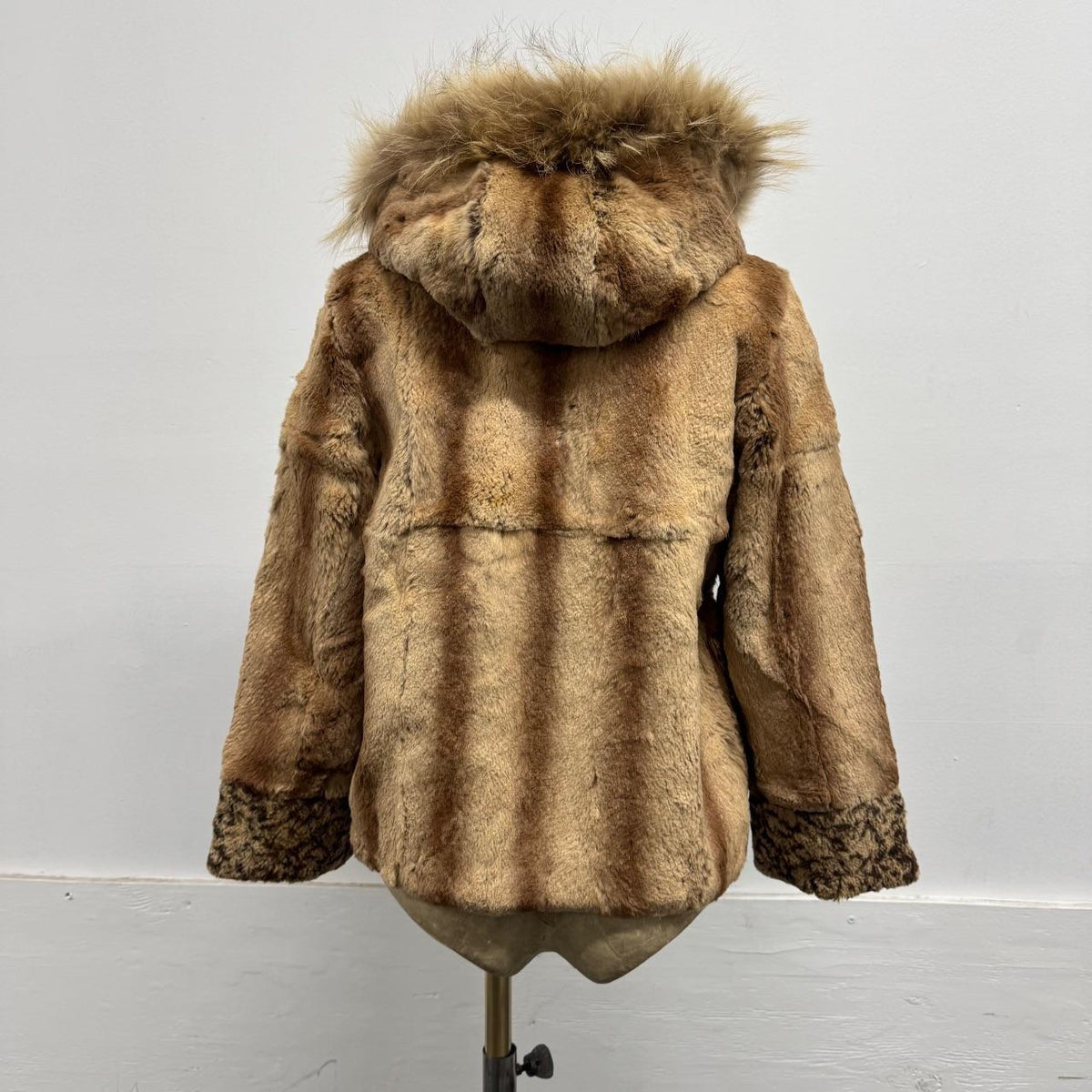 Vintage Y2K Hooded Rhinestone Rabbit & Raccoon Fur Jacket Coat