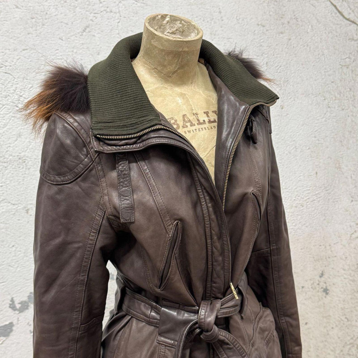 Vintage Y2K Genuine Fur-Trimmed Leather Longline Parka Coat Brown