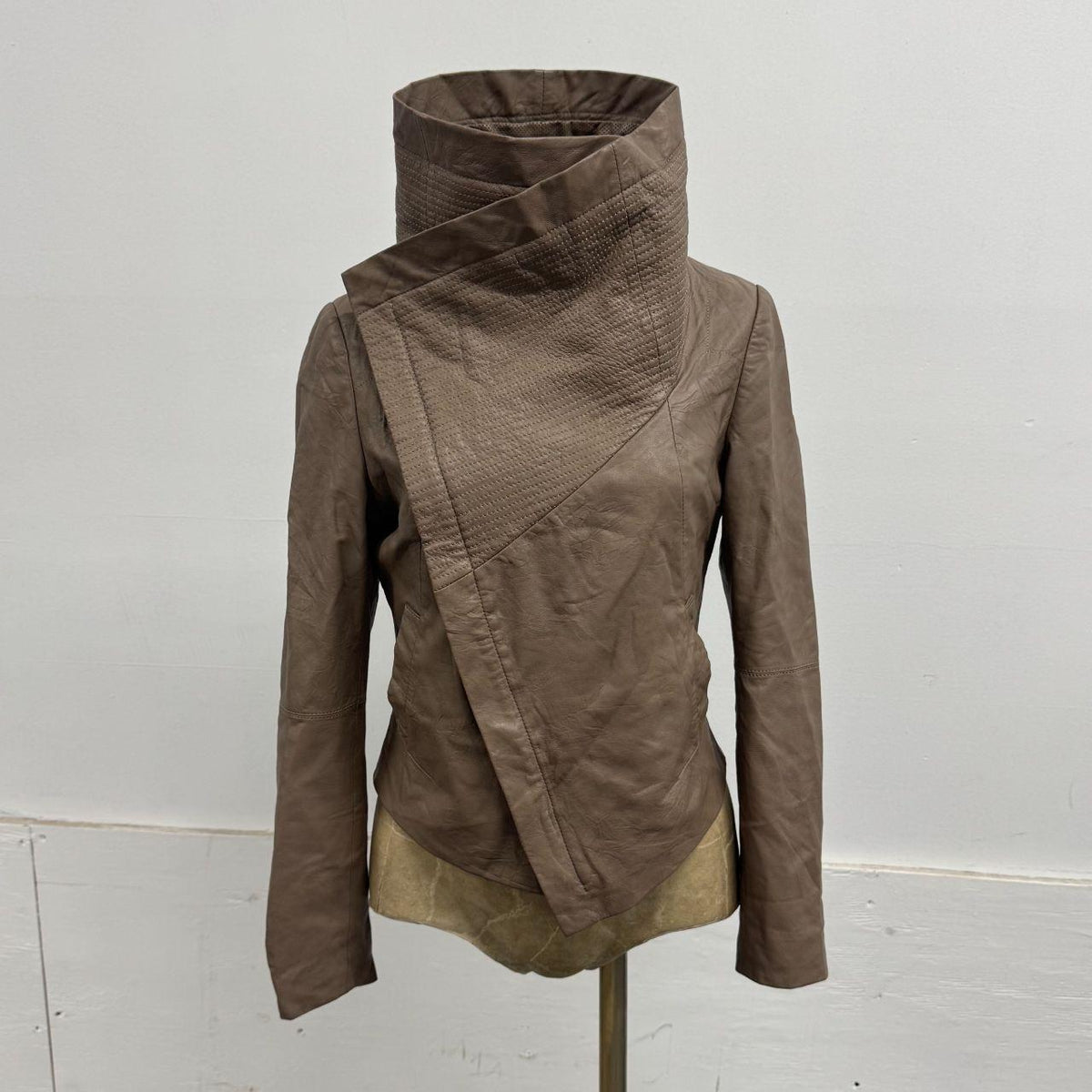 Vintage Brown Funnel Neck Asymmetric Avant Garde Leather Jacket