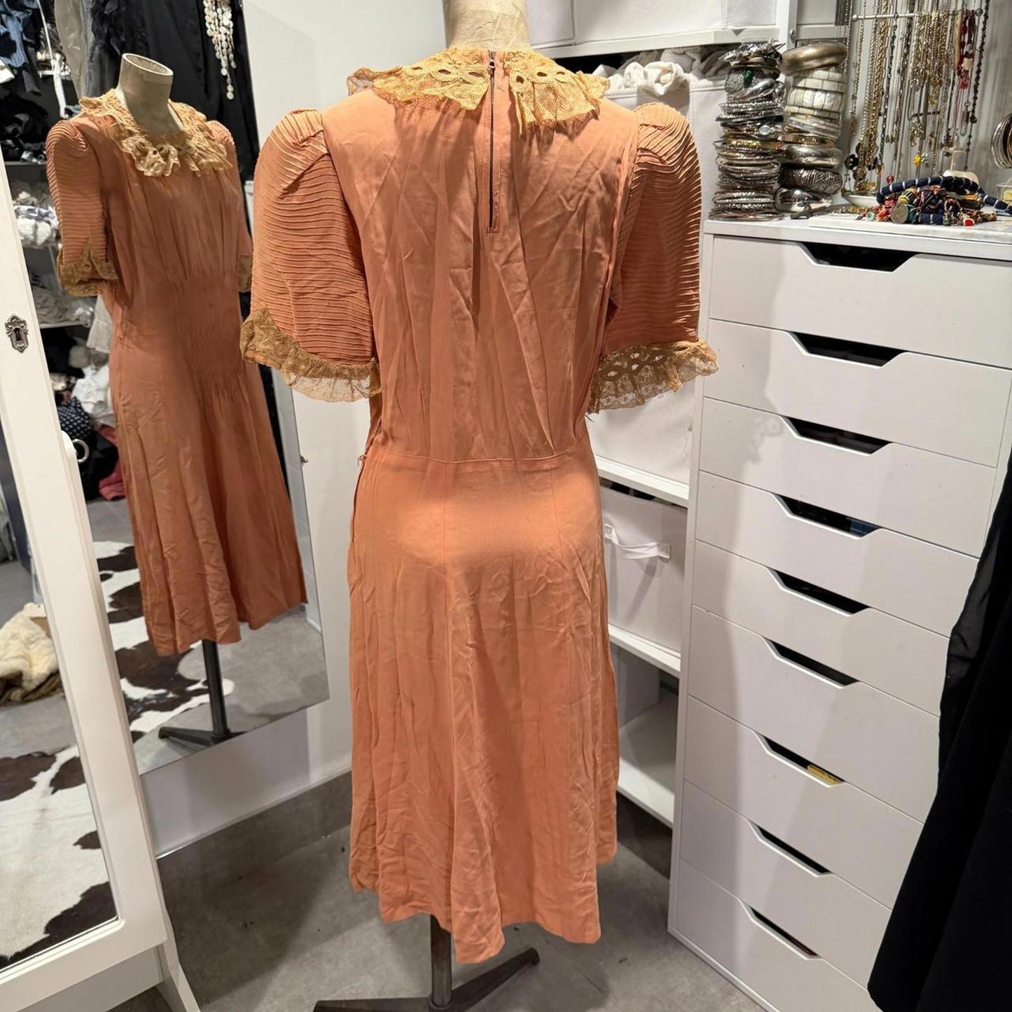 OOAK 1930s Antique Vintage Peach Pink Silk Day Dress