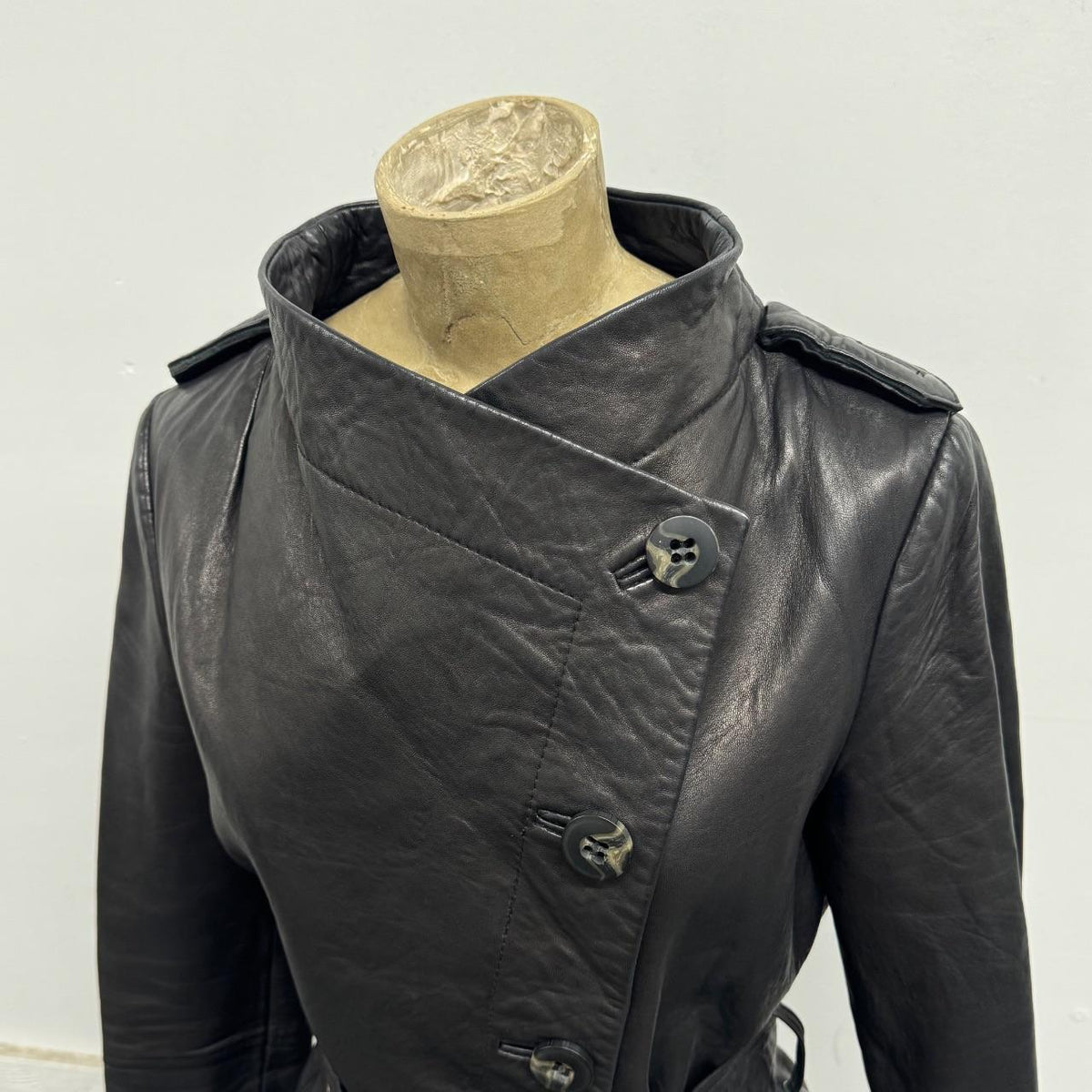 Vintage Black Belted Funnel Neck Longline Avant Garde Leather Jacket