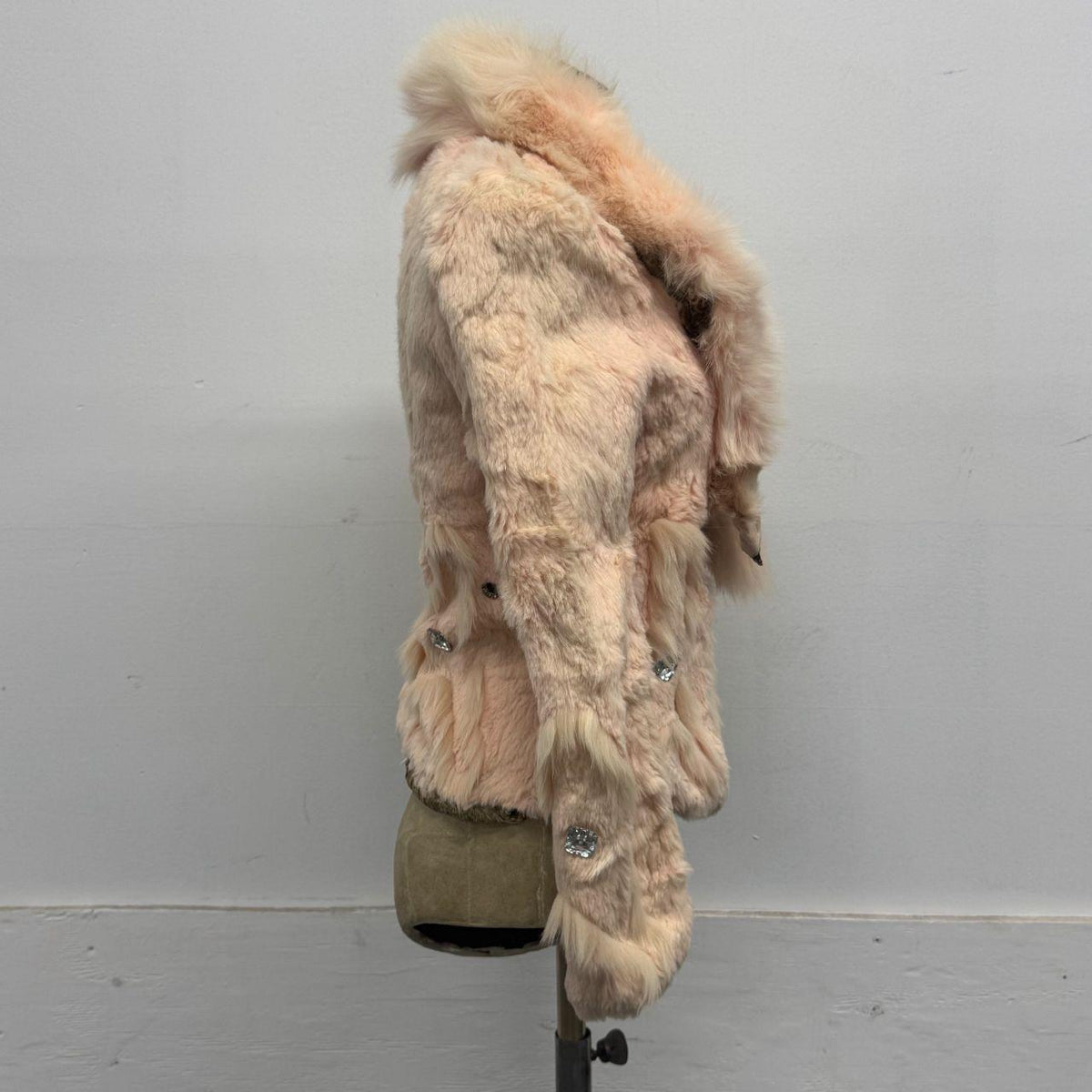 Vintage Y2K Baby Pink Pastel Rabbit & Fox Fur Jacket Coat w Rhinestones