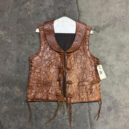 Vintage 60s 70s Leather Western Film Costume Vest Brown Embossed