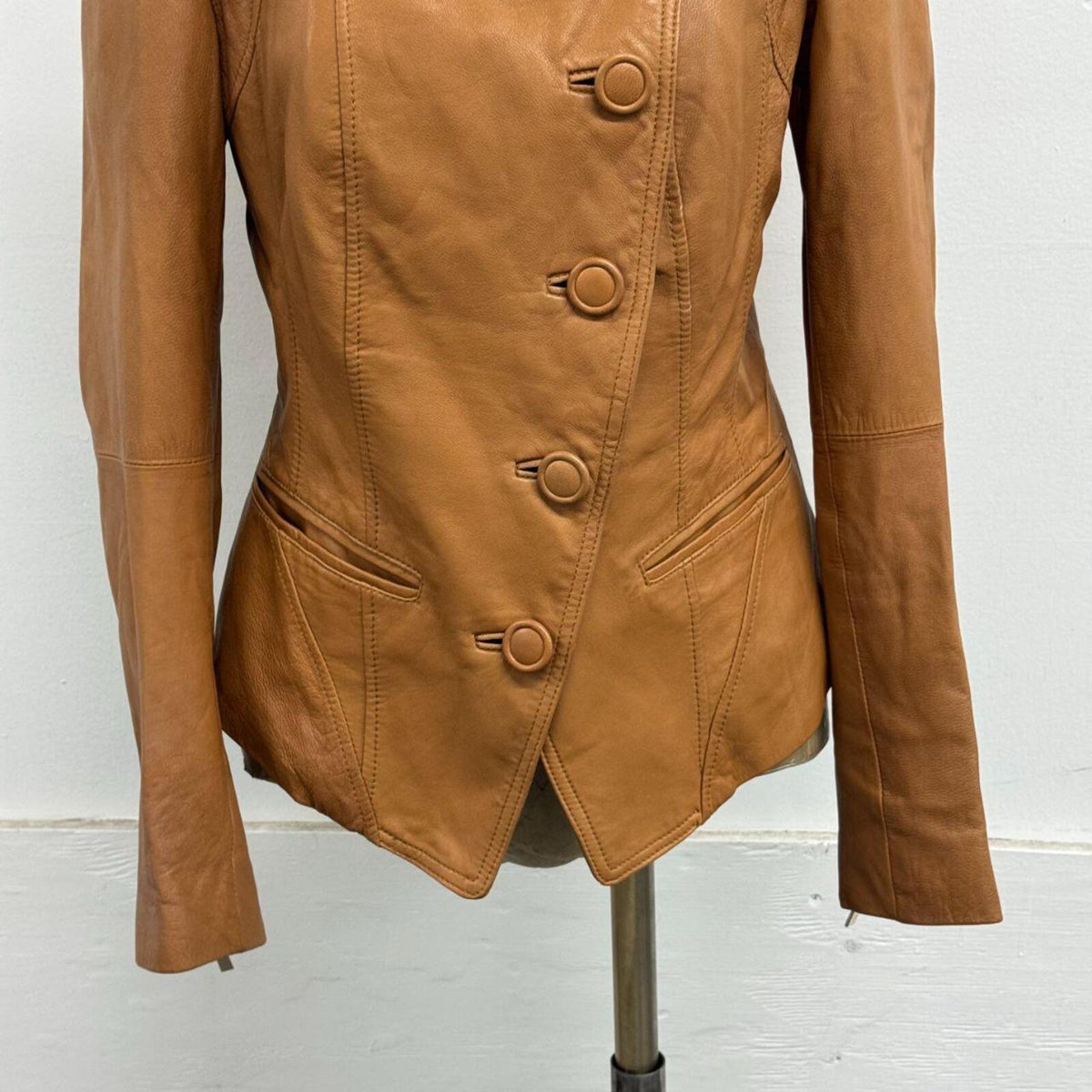 Vintage Tan Funnel Neck Asymmetric Avant Garde Military Leather Jacket