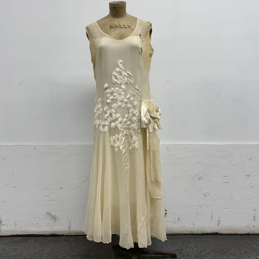 Antique 20s Flapper Drop-Waist Silk Chiffon & Ribbonwork Wedding Gown