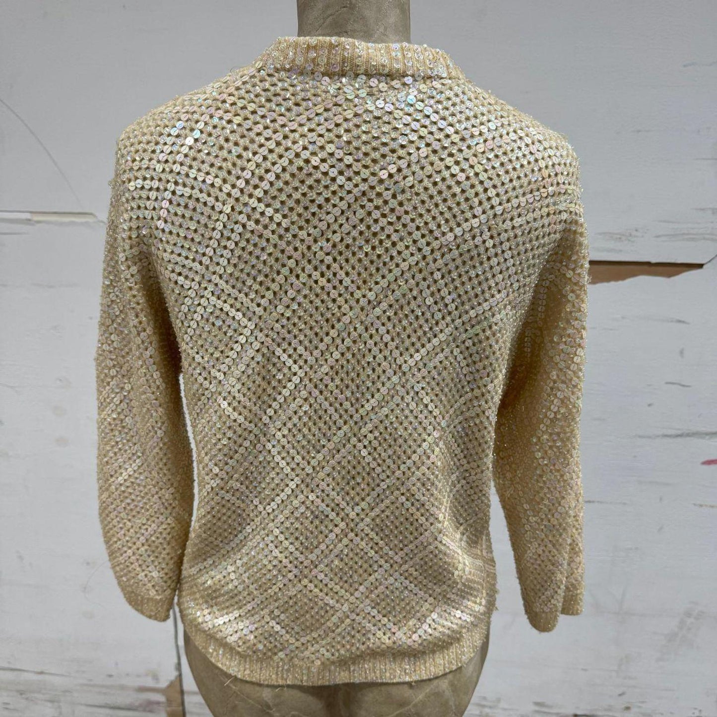 50s 60s Vintage De Vahni Sequined & Beaded Cream Pearlescent Wool Cardigan
