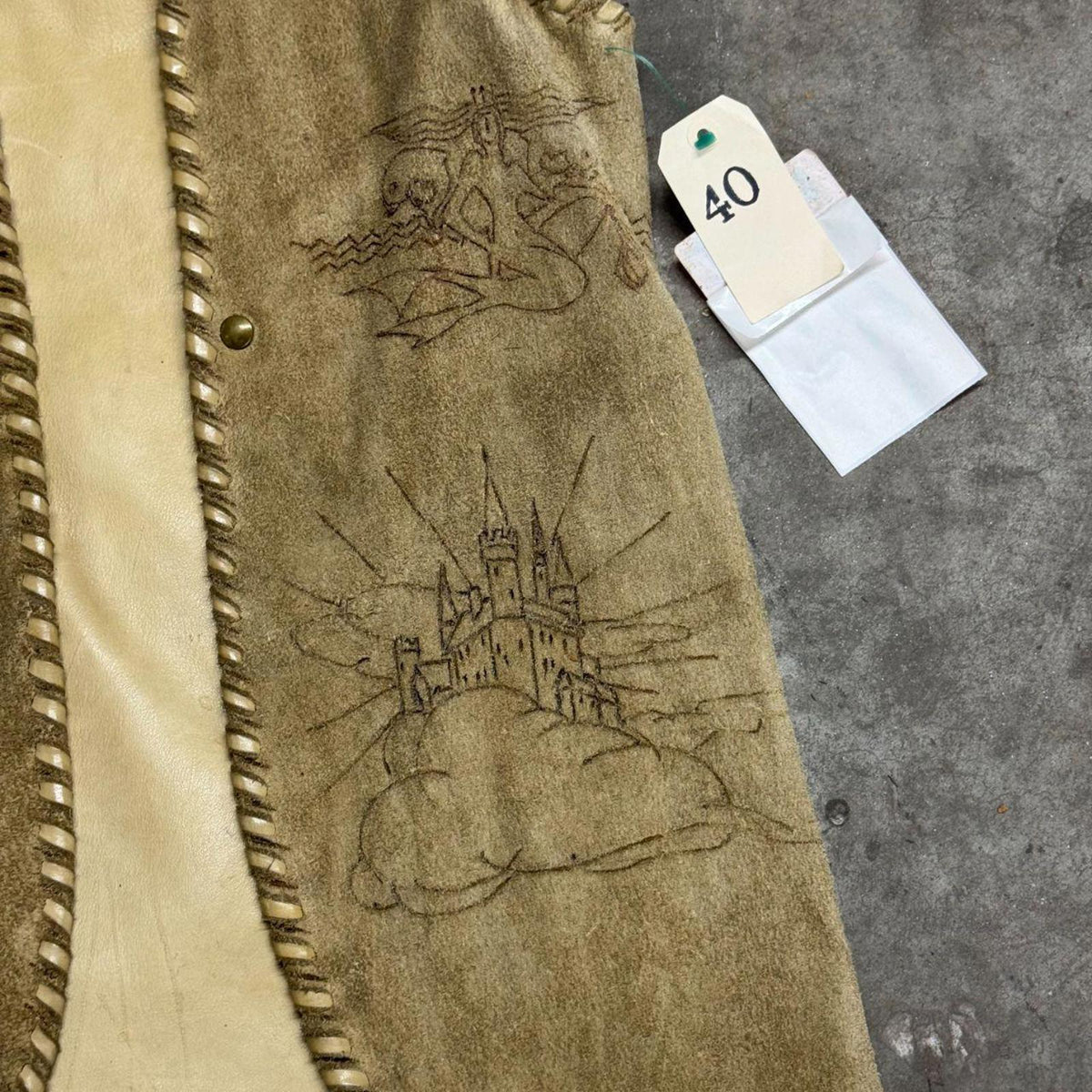 Vintage 60s 70s Suede Buckskin Western Film Costume Vest Stenciled Whipstitch