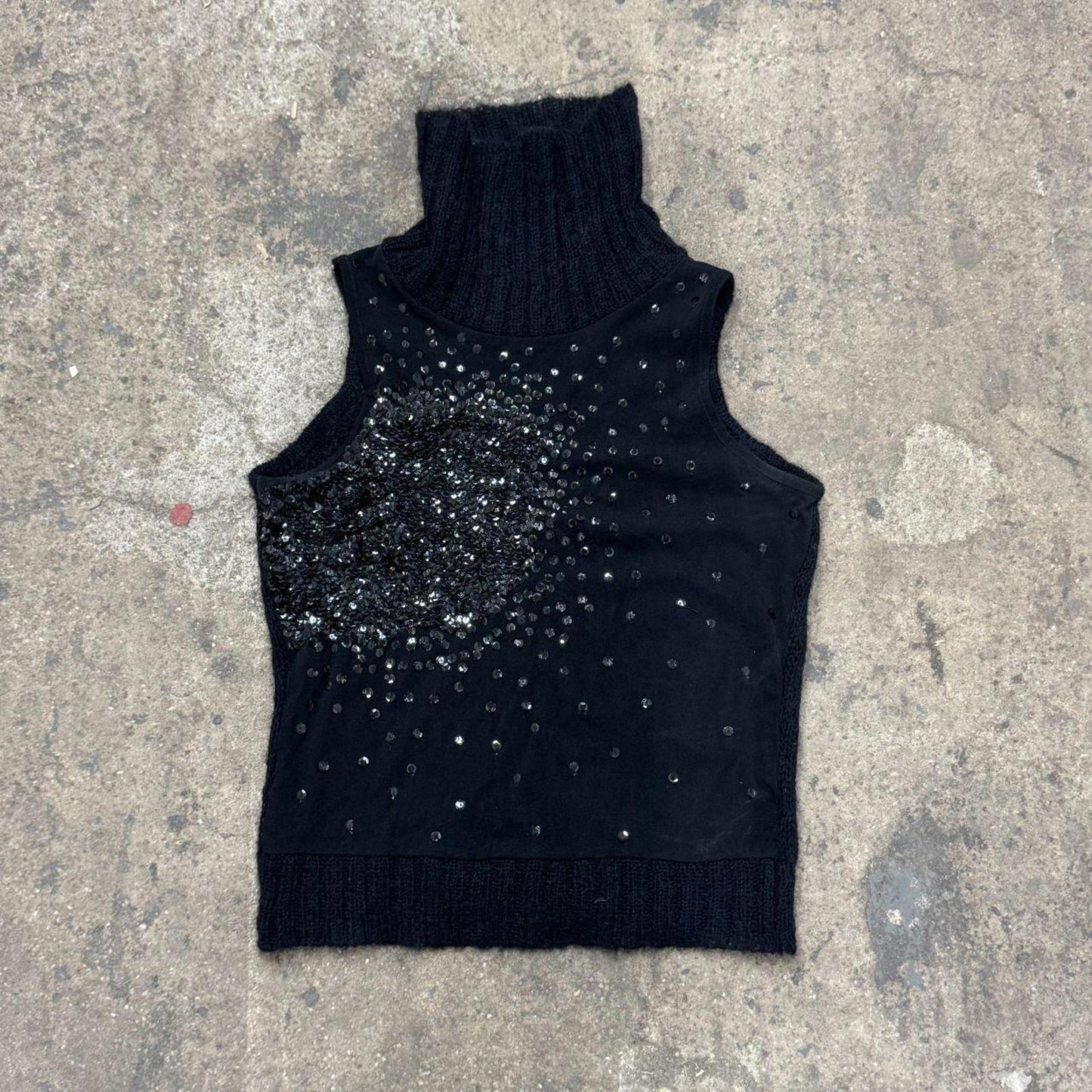 Vintage Black Mohair Turtleneck Knit Top with Sequin Panel S