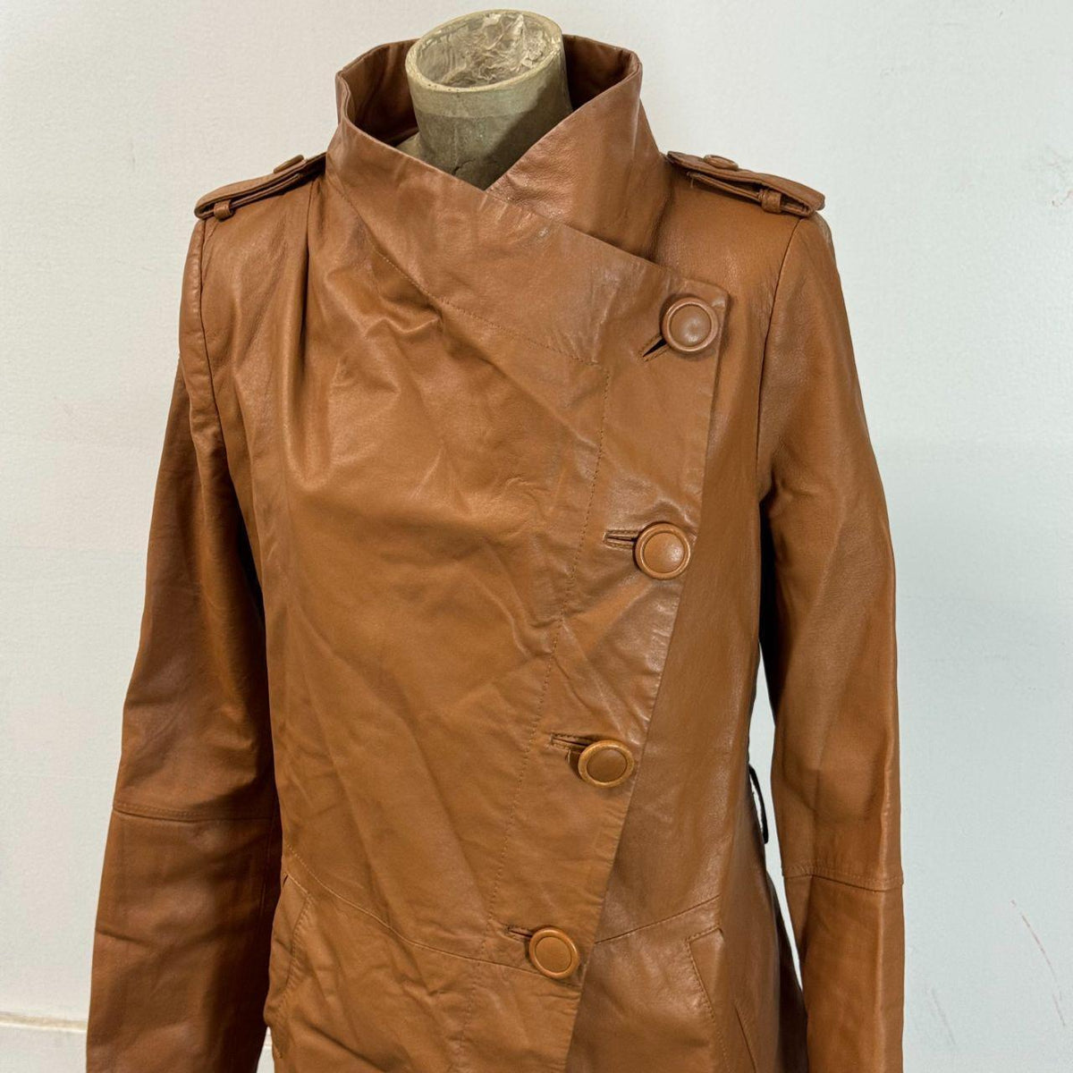 Vintage Tan Funnel Neck Asymmetric Avant Garde Leather Jacket